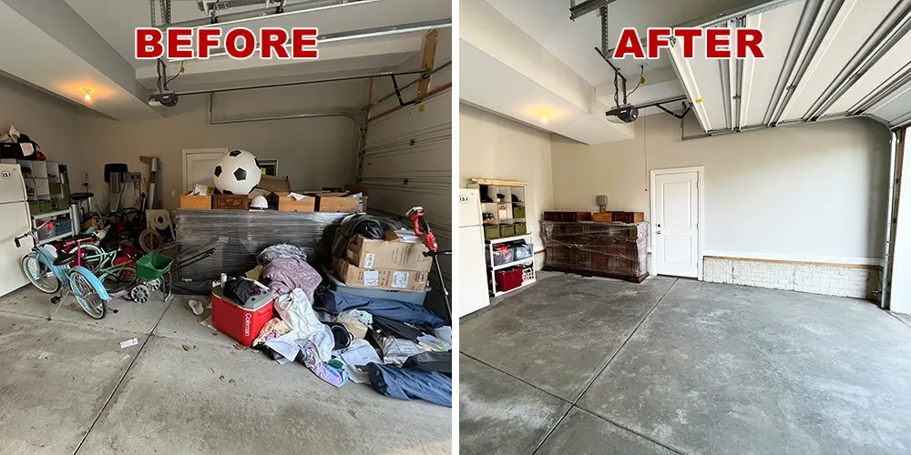 Before and after garage cleanout - cluttered garage transformed to clean organized space